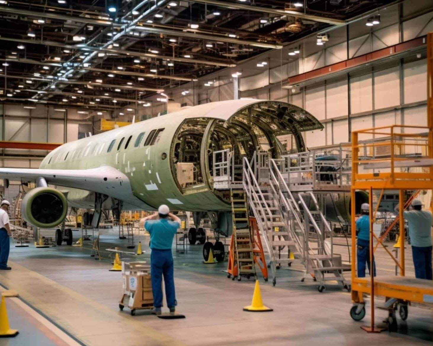 Technicien contrôlant des pièces d’avion dans un atelier aéronautique équipé d’une solution de traçabilité RFID