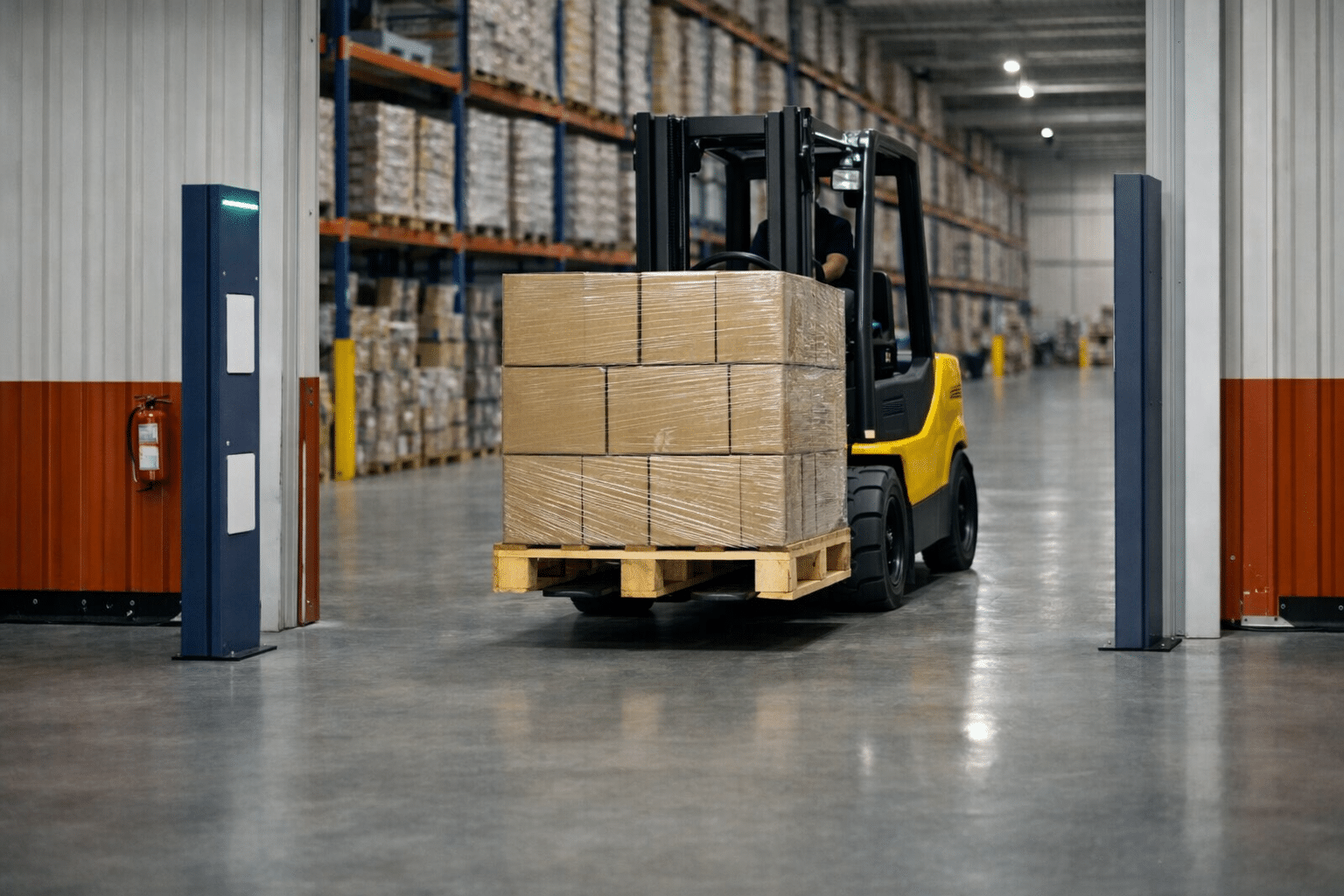 Portique RFID d&eacute;tectant automatiquement le passage de palettes et chariots &agrave; l&rsquo;entr&eacute;e et &agrave; la sortie d&rsquo;un entrep&ocirc;t