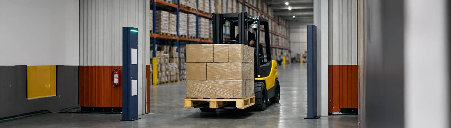 Lecteurs et antennes RFID install&eacute;s sur un portique logistique pour lire une palette en entrep&ocirc;t